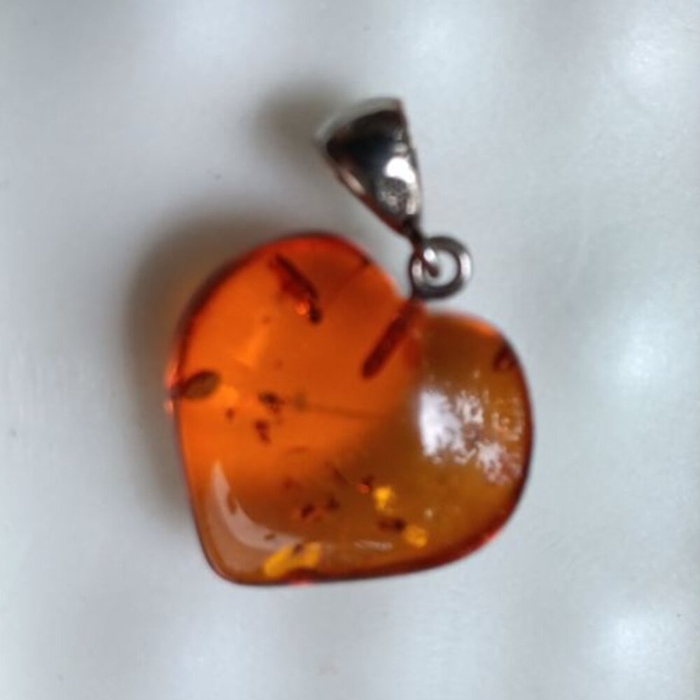 Cognac Puffy Heart Amber Pendant Sterling Silver 925 Hallmarked